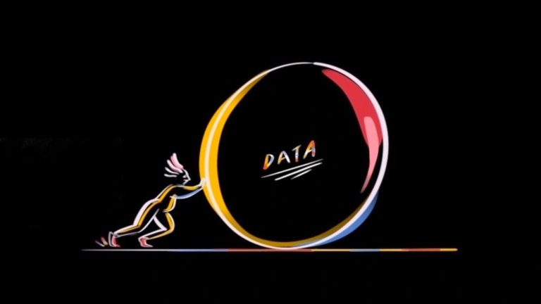 Abstract illustrated data concept. Data bubble being pushed by man.